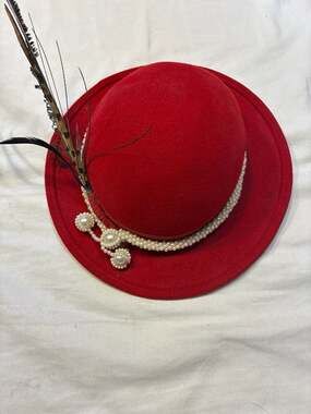 Career Collection Vintage Red Wool Doeskin Felt Hat with Pearl Trim and Feathers